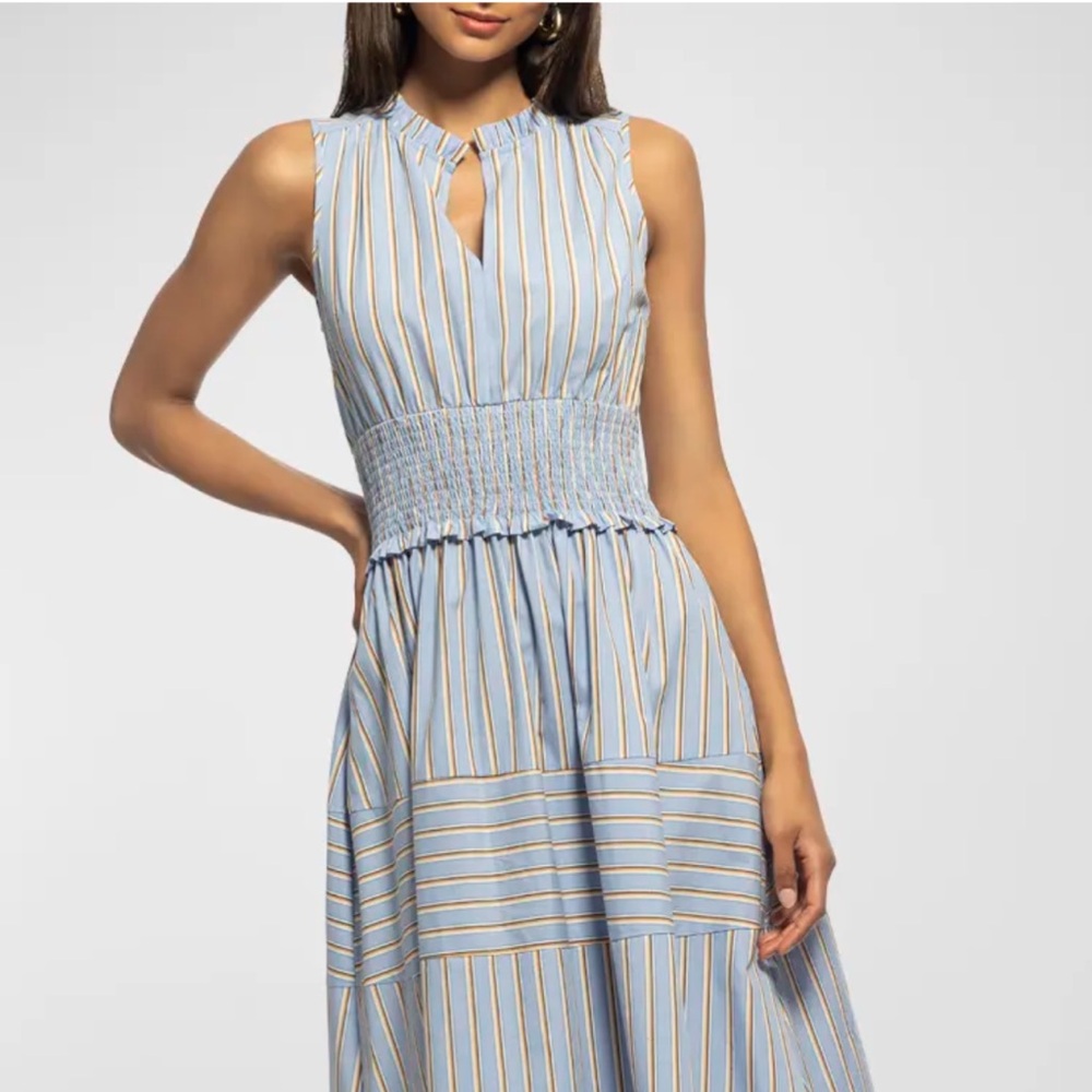 Shoshanna Light Blue and Peach Striped Midi Dress